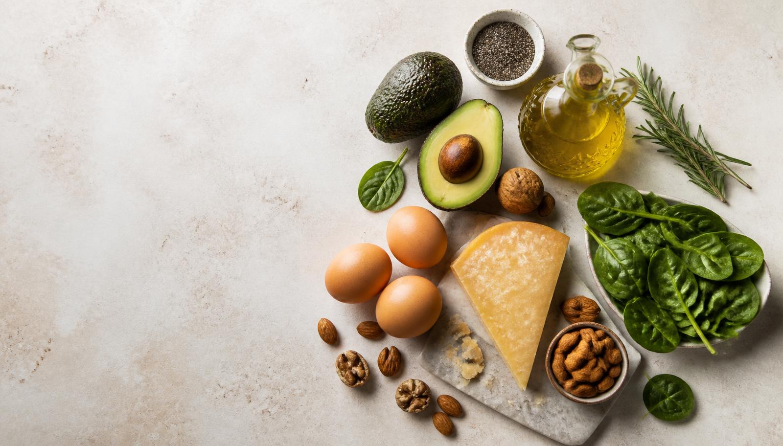 Keto ingredients arranged on a stone surface: avocado, eggs, cheese, nuts, seeds and greens