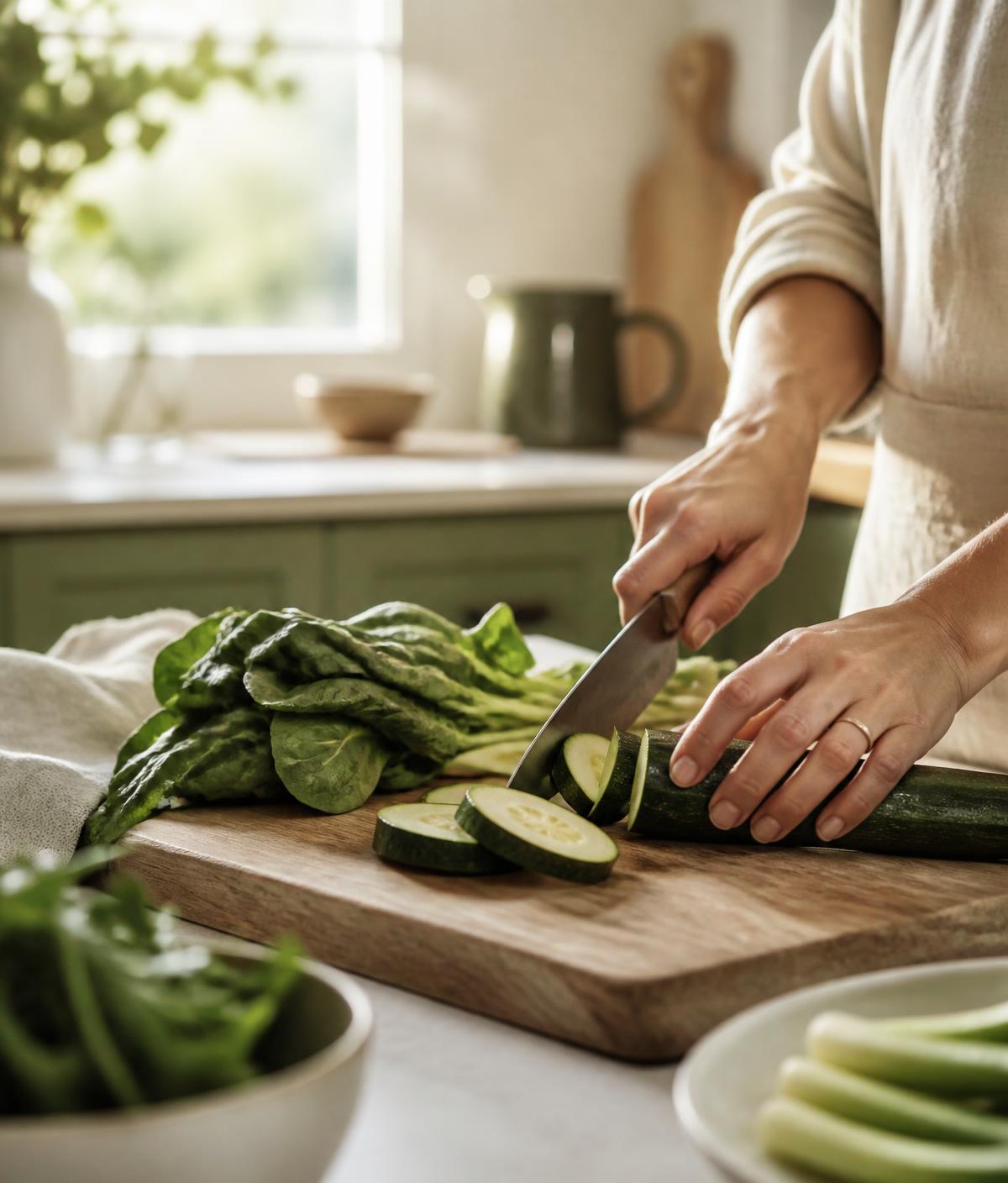 Hands slicing courgette and greens on a wooden board in a bright kitchen