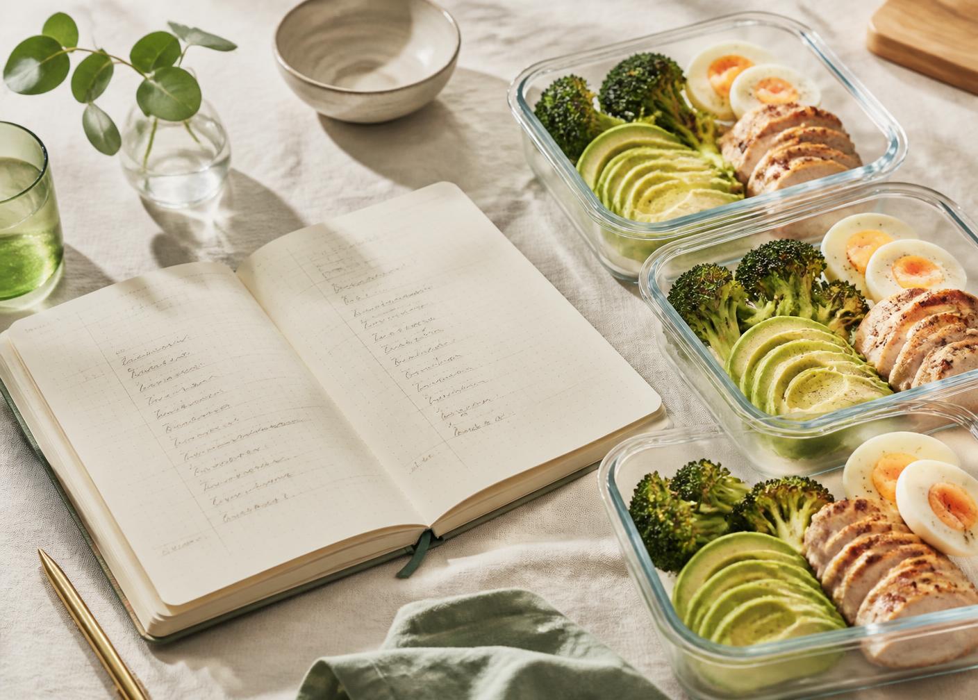 A meal planning notebook beside prepared keto meal containers